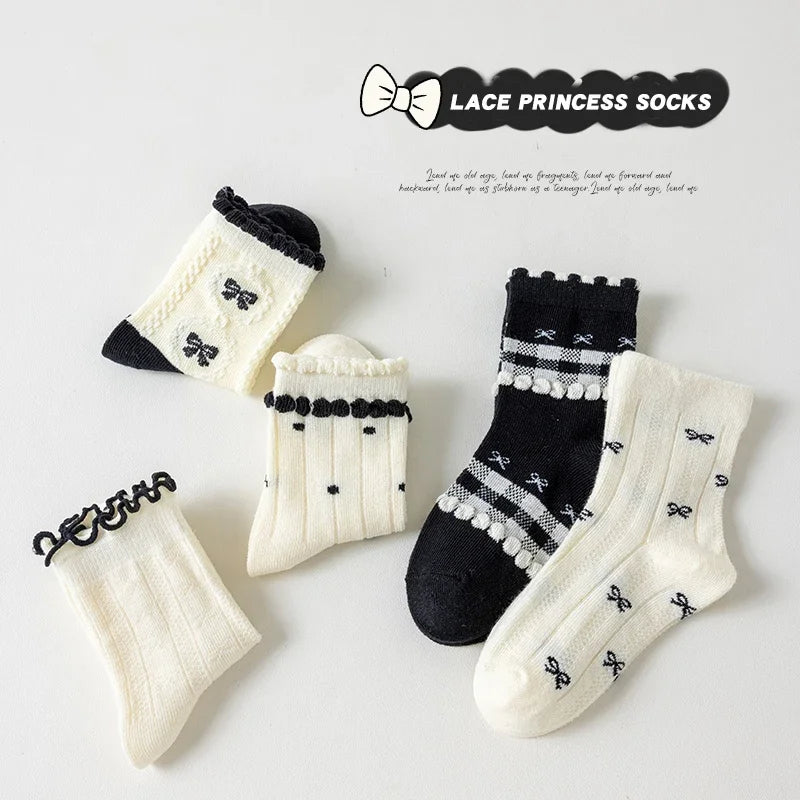 Lot 5 Paires Chaussettes Fille Coton Dentelle Nœud – Rayures Douces Respirantes Antidérapantes Princesse
