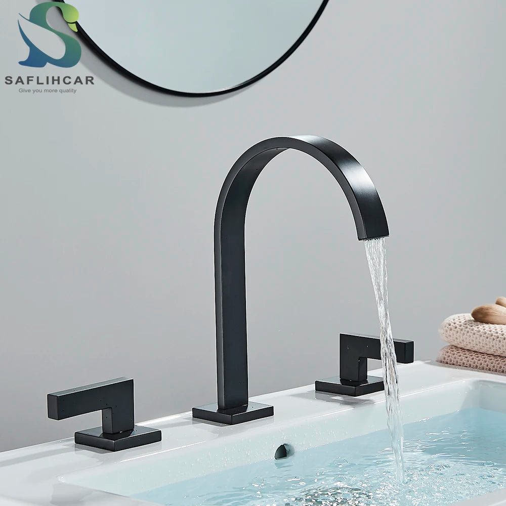 Robinet Lavabo Noir 3 Trous Double Poignée – Mitigeur Eau Chaude & Froide, Chrome | Vasque Salle de Bain