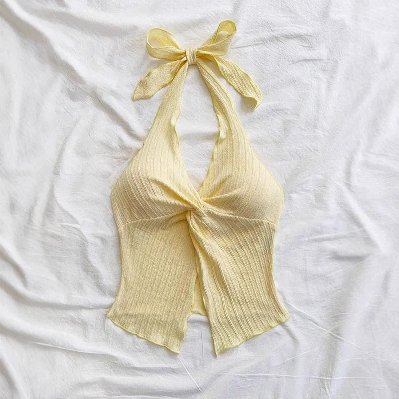 Crop Top Halter Y2K Jaune Col V Sans Dos - Streetwear Sexy Femme Été