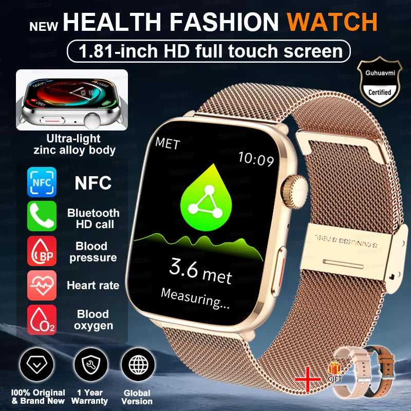 Smartwatch 2025 Unisex Gesundheit NFC Bluetooth – Blutdruck Sauerstoff Sport Anrufe | Herren & Damen