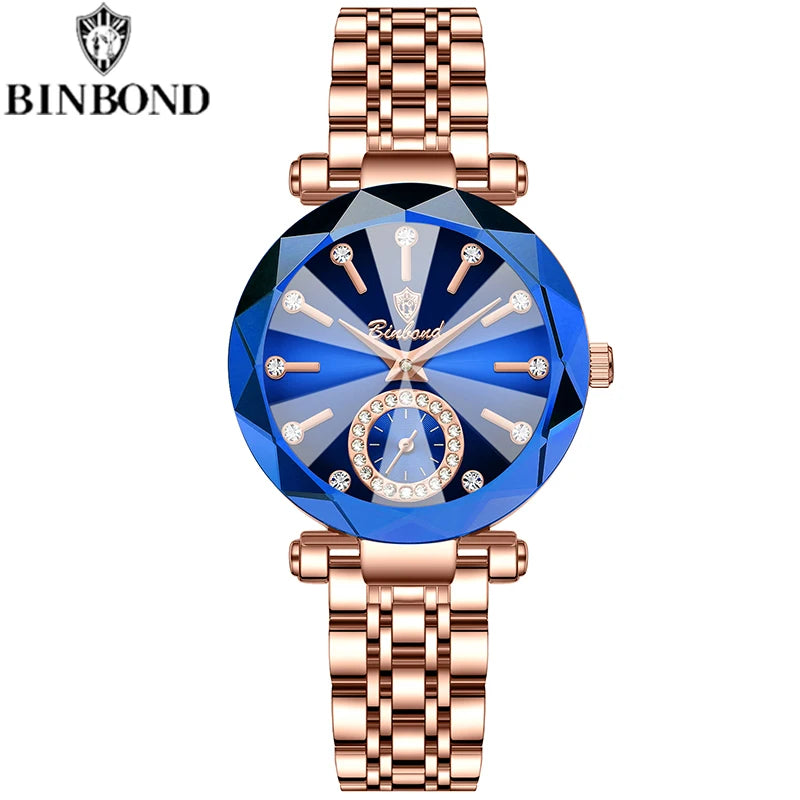 Montre Femme Luxe BINBOND Diamant Cœur de l'Océan Quartz – Lumineuse Étanche Élégante
