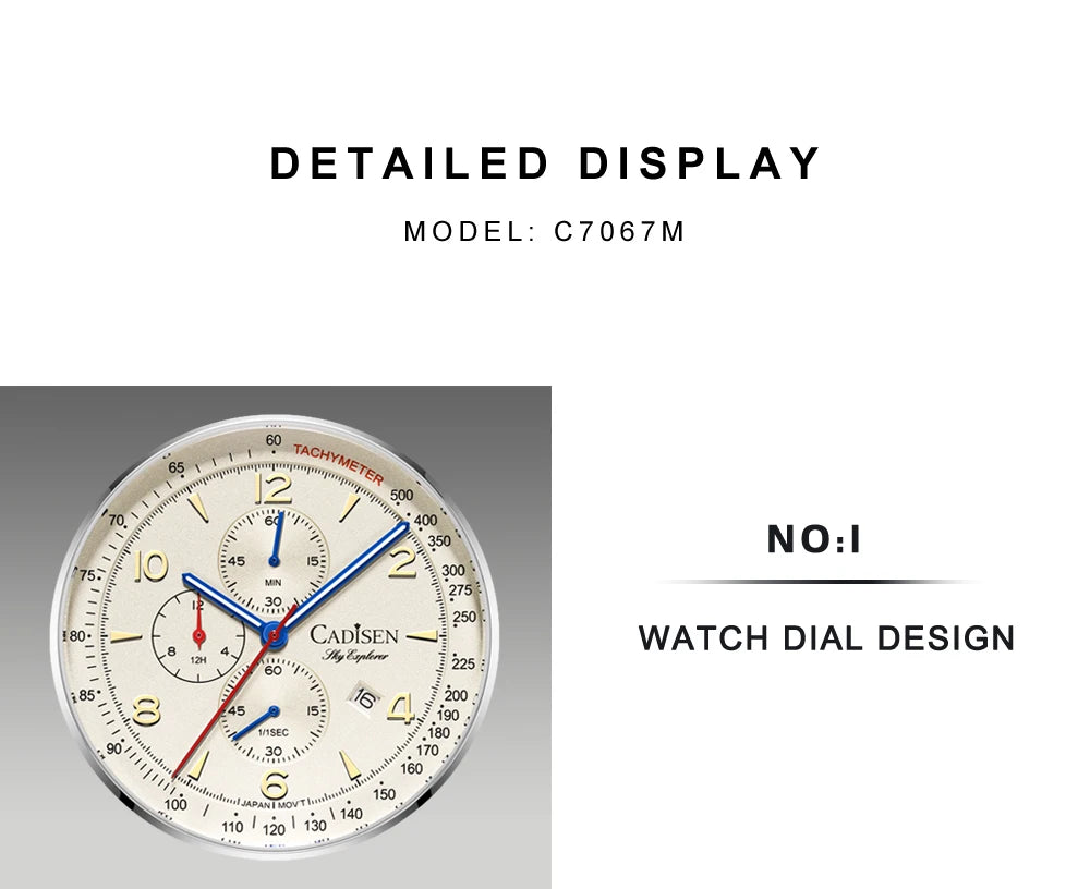 Montre Homme Luxe CADISEN Chronographe Quartz Japonais MIYOTA Bracelet Toile – Étanche Fashion