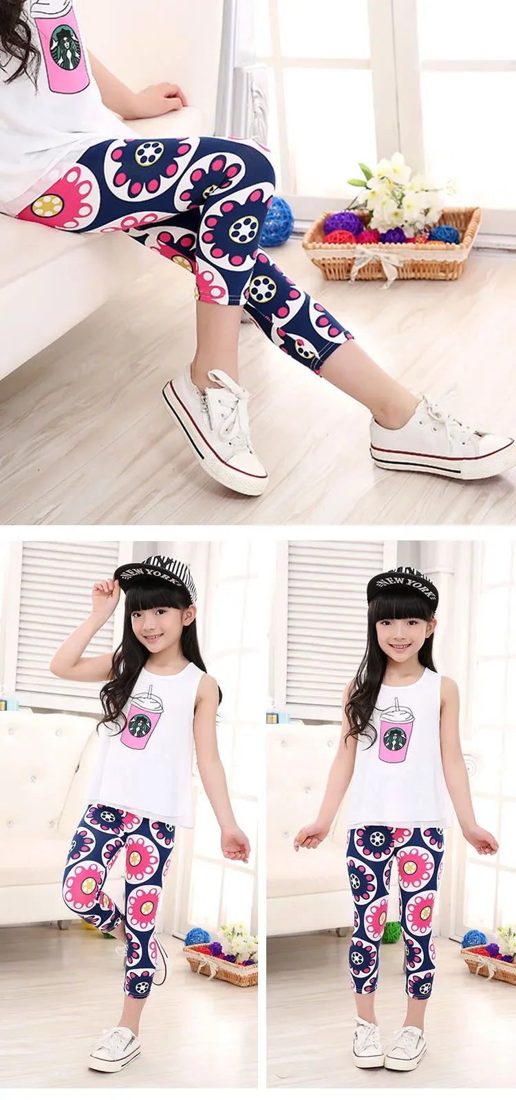Legging Corsaire Fille Imprimé Fleurs – Pantalon Skinny Stretch Enfant Toutes Tenues 3-10 Ans