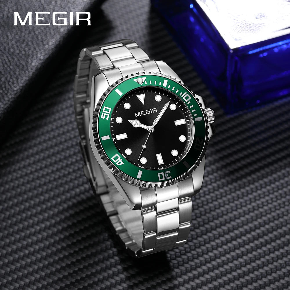 Montre Homme Luxe MEGIR Quartz Acier Calendrier – Classique Étanche Fashion