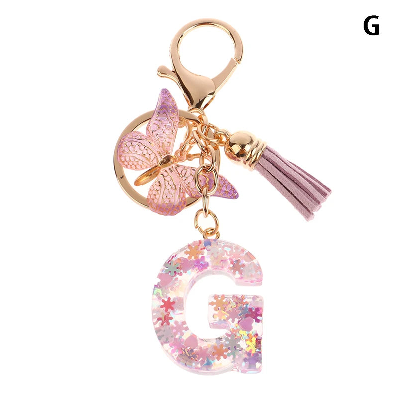 Porte-Clés Lettre Initiale Sequins Femme – Pendentif Papillon Pompon Sac Voiture Bijou