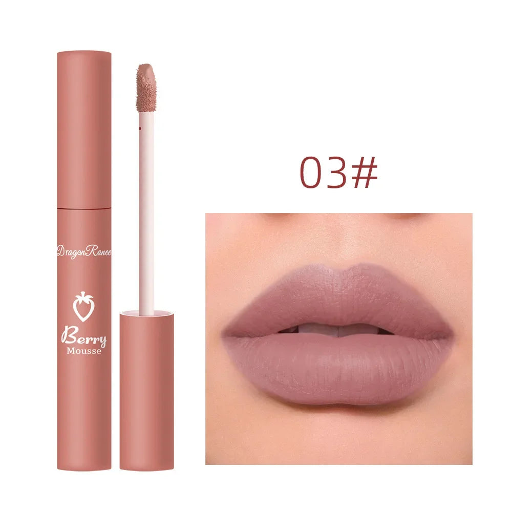 Gloss Lèvres Mat 12 Couleurs Berry Mousse – Glaçure Velours Waterproof Longue Tenue | Rouge à Lèvres Sexy Cosmétique