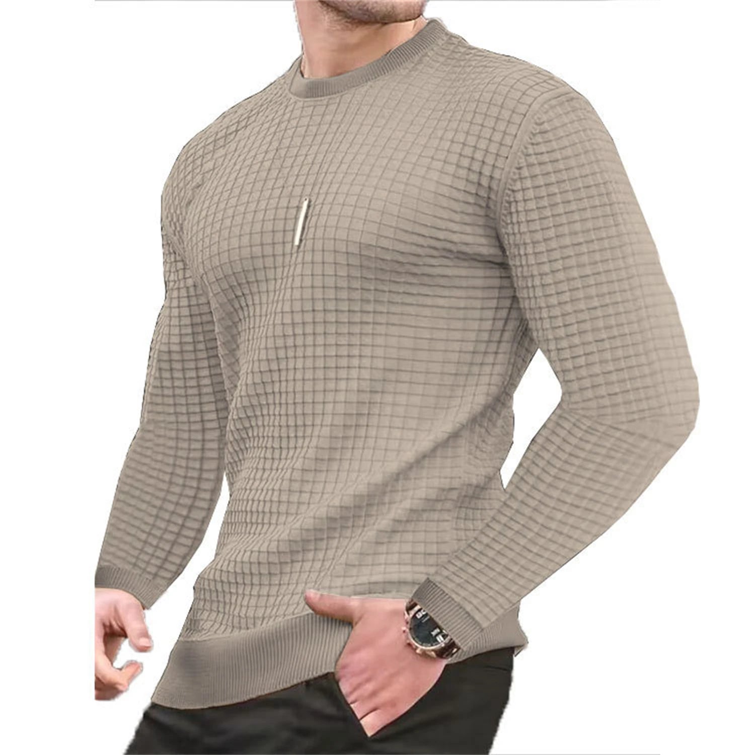Hoodie Homme Col Rond Jacquard Carreaux Waffle Texture Fashion Casual Chaud Tendance Streetwear – Sweat À Capuche Motif Carreaux Premium | Mode Homme Streetwear Premium