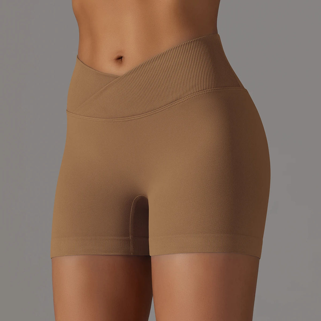Short Yoga Femme Taille Haute Croisée Gainant Fessier Gym Running Fitness – Short Sport Sculptant Élastique | Mode Athleisure