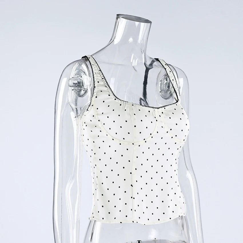 Top Camisole Femme Soie Pois Dos Nu Dentelle Bretelles Fines – Élégant Street Chic Sans Manches | Printemps 2026
