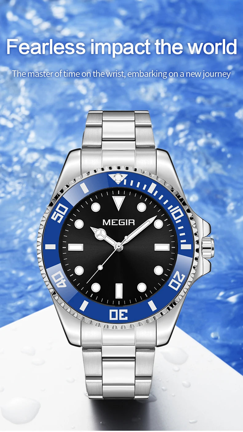 Montre Homme Luxe MEGIR Quartz Acier Calendrier – Classique Étanche Fashion