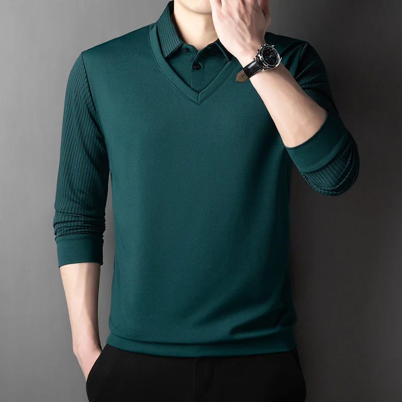 Polo Homme Manches Longues Faux Deux Pièces Couleur Unie – Business Casual Élégant Toutes Saisons Polyvalent | Mode Homme Premium