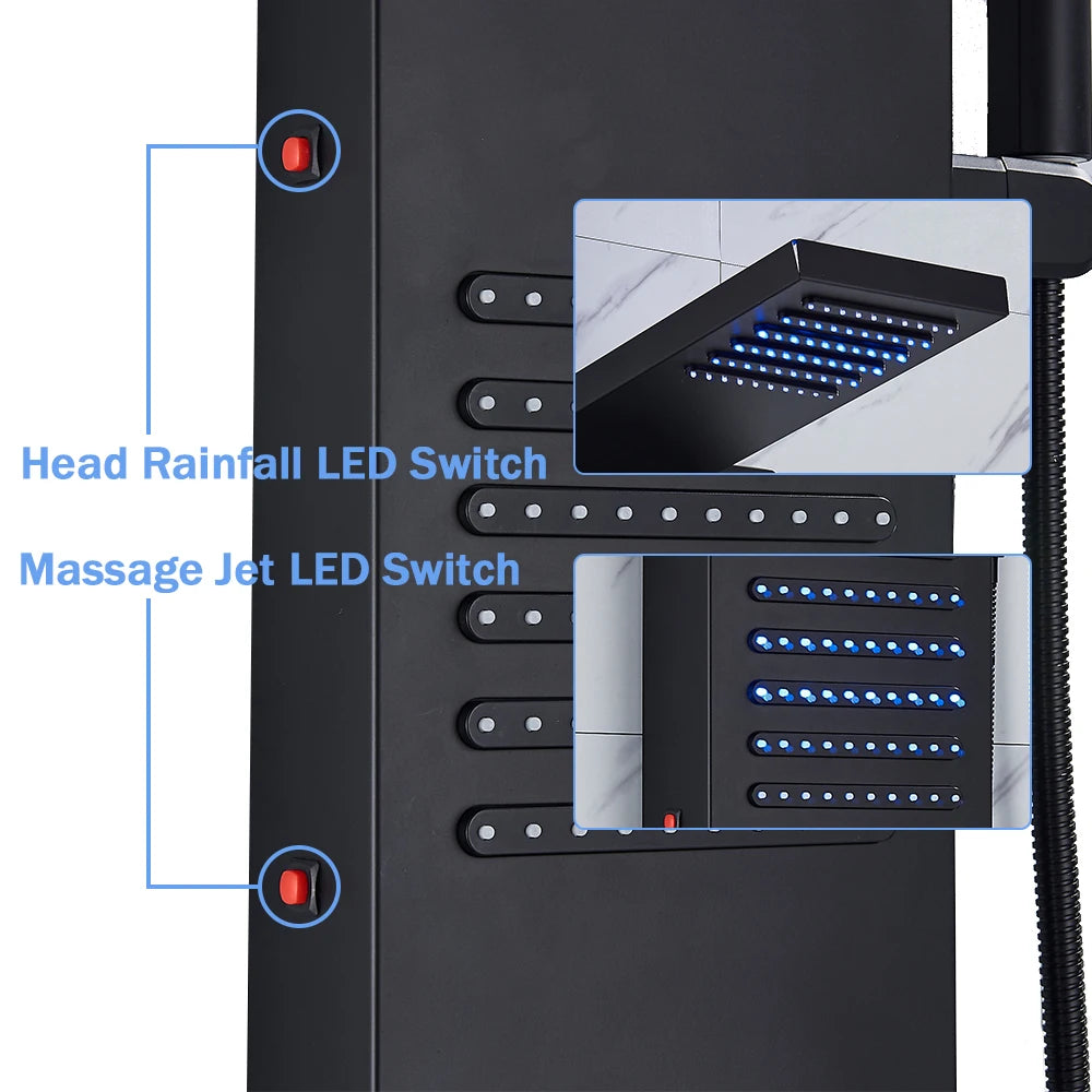 Rozin Colonne Douche Noire LED – 5 Modes dont Jets Massage & Cascade, Pluie, Affichage Digital | Panneau SPA Salle de Bain