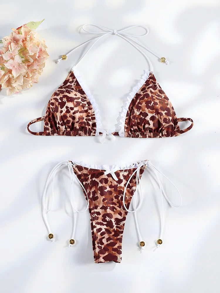 Bikini Femme 2 Pièces Imprimé Floral Micro Tanga Bandage Sexy – Maillot de Bain Été & Plage | 2026