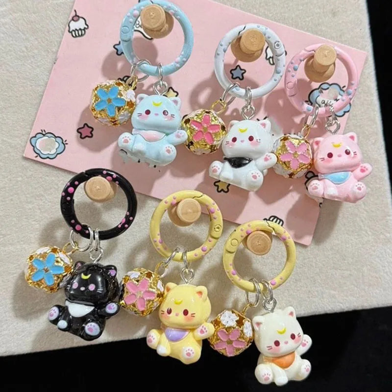Porte-Clés Chaton Résine Clochette Kawaii – Lot 1 ou 3 pcs | 6 Couleurs au Choix | Pendentif Sac & Cadeau Femme Mignon & Original