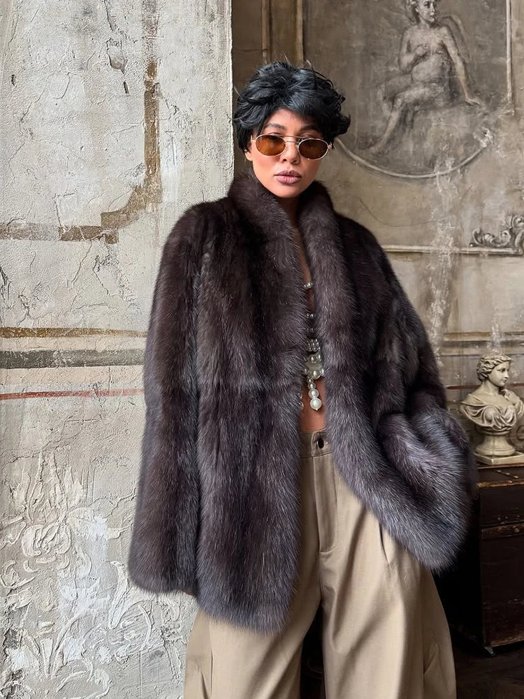 Manteau Femme Mi-Long Fausse Fourrure Col Revers Boutons Cachés Ample Élégant – Overcoat Bureau Chic | Hiver