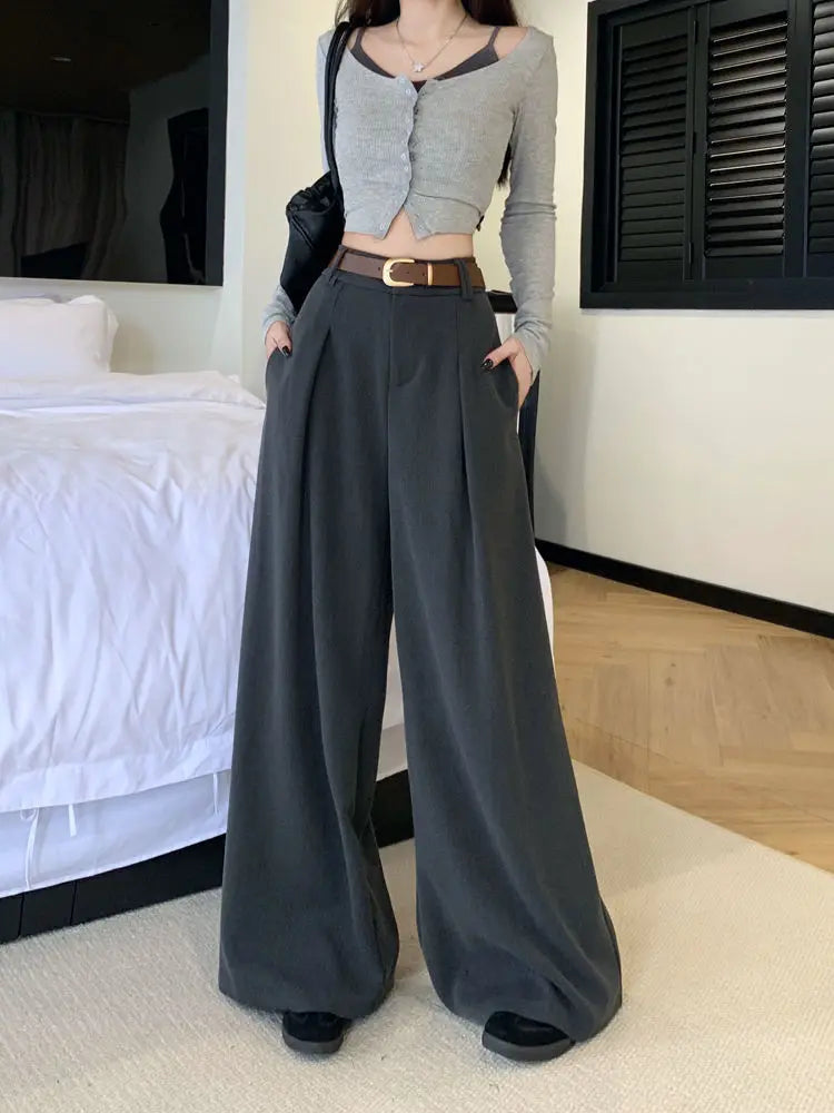 Damenhose Weit Hohe Taille Einfarbig Elegant Minimalistisch Büro-Stil Ulzzang – Casual Chic | Frühling Herbst