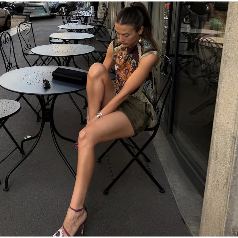 Top Gilet Imprimé Franges Irrégulier Femme Sans Manches – Style Y2K Casual Plage | Été 2026