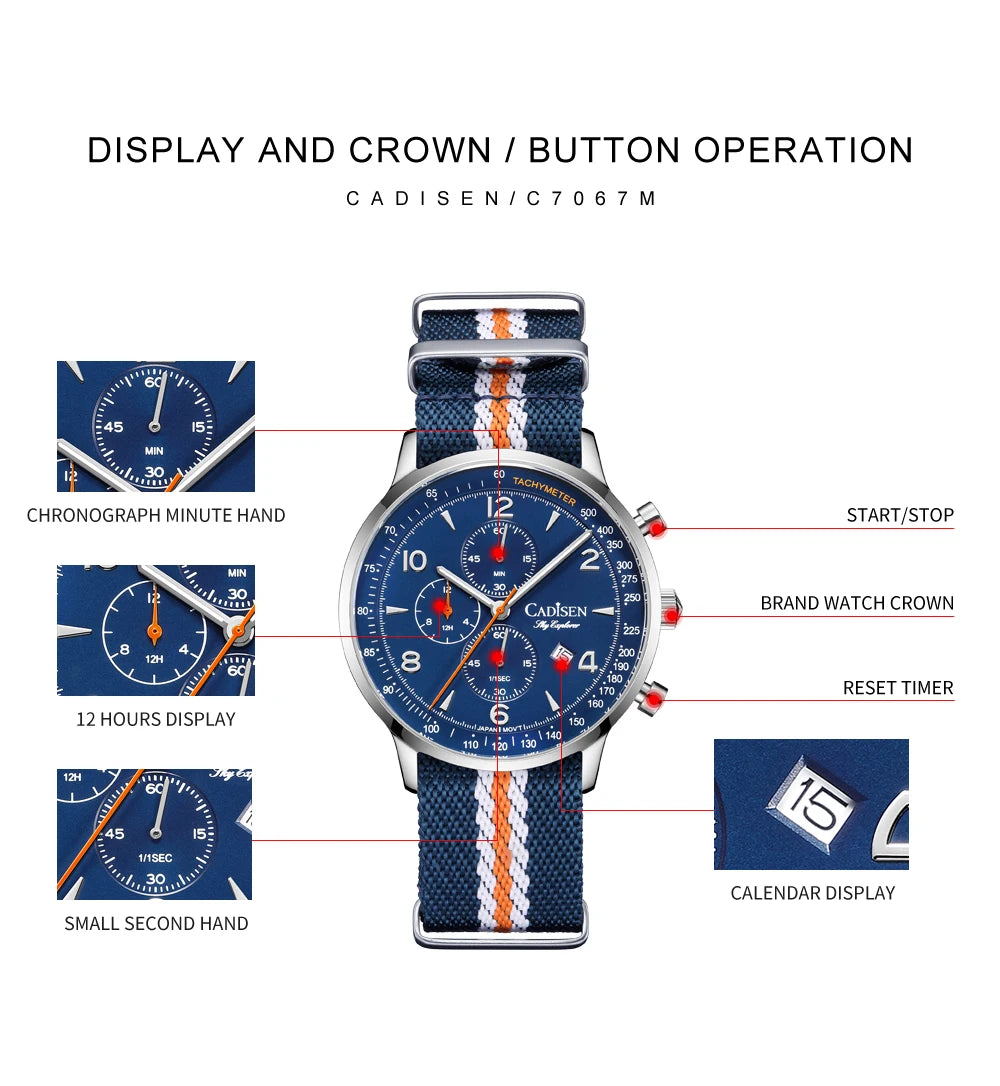 Montre Homme Luxe CADISEN Chronographe Quartz Japonais MIYOTA Bracelet Toile – Étanche Fashion