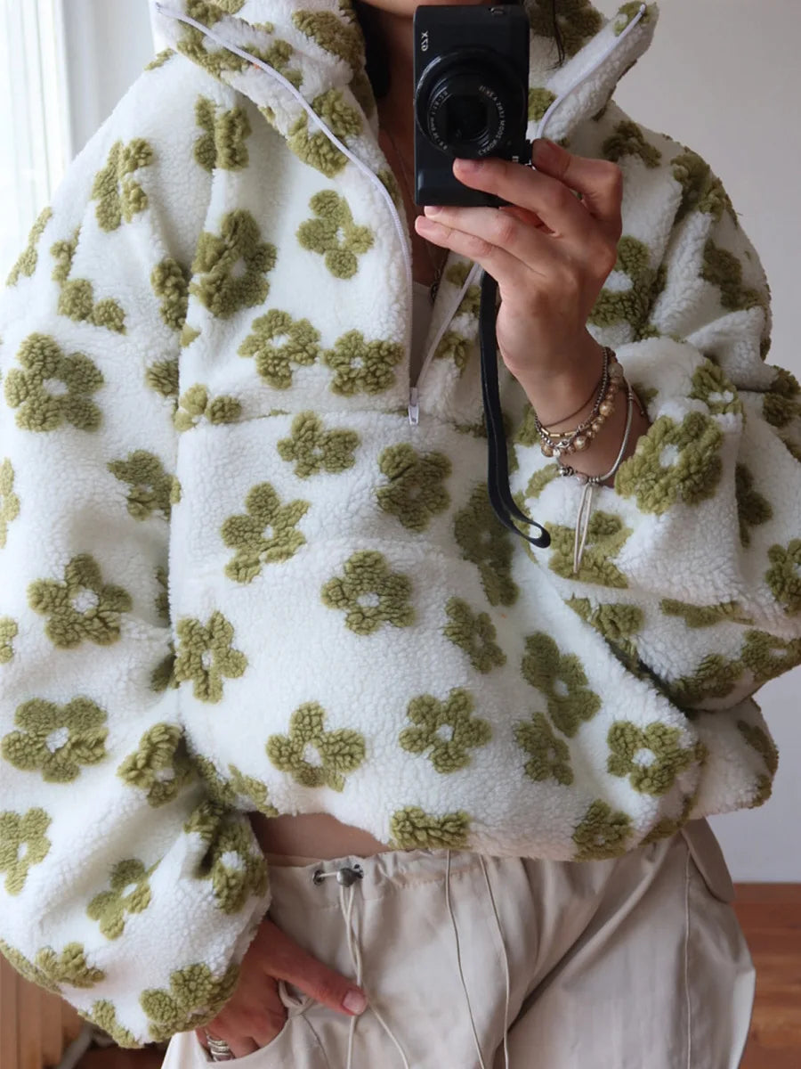 Sweat Femme Sherpa Floral Demi-Zip Ample Chaud – Pull Douillet & Tendance | Automne Hiver