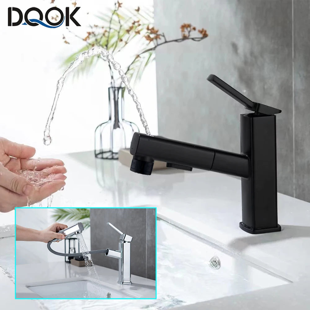 DQOK Robinet Lavabo Extractible Chrome & Noir – Laiton, Douchette Escamotable, Mitigeur Moderne | Vasque Salle de Bain