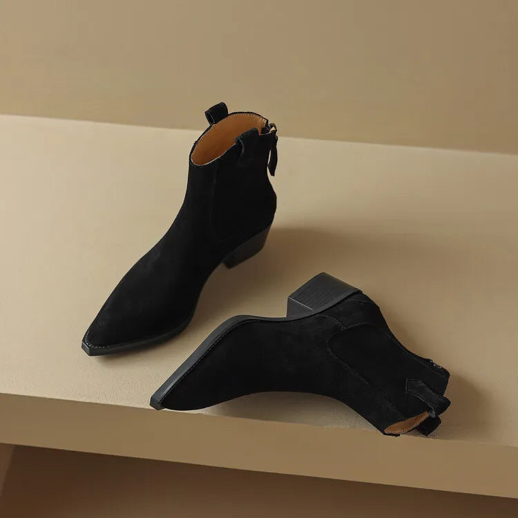 Bottes Suède Vache Chunky Heel Western Femme – Bout Pointu Noir Zip Concis Automne