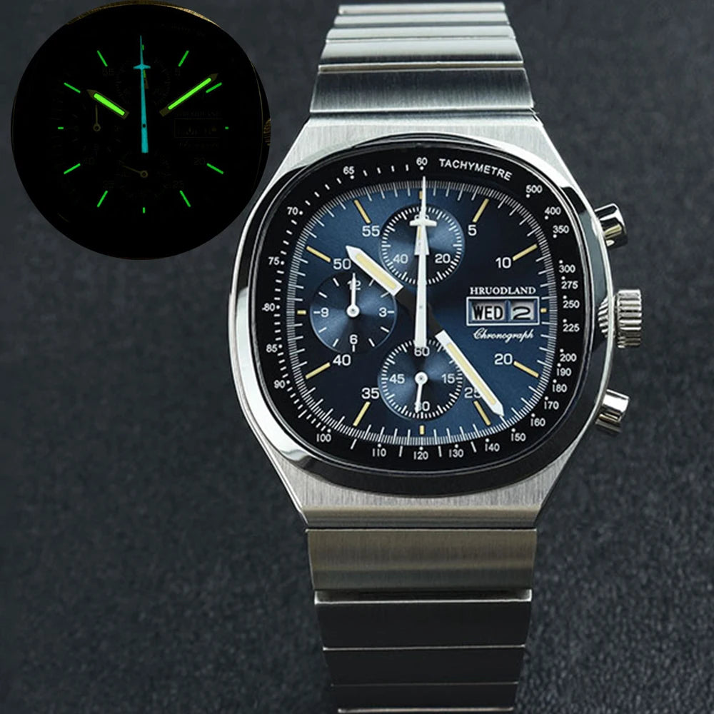 Montre Chronographe Rétro Homme Hruodland F022 – Verre Saphir Acier Inoxydable Bleu & Noir Fashion