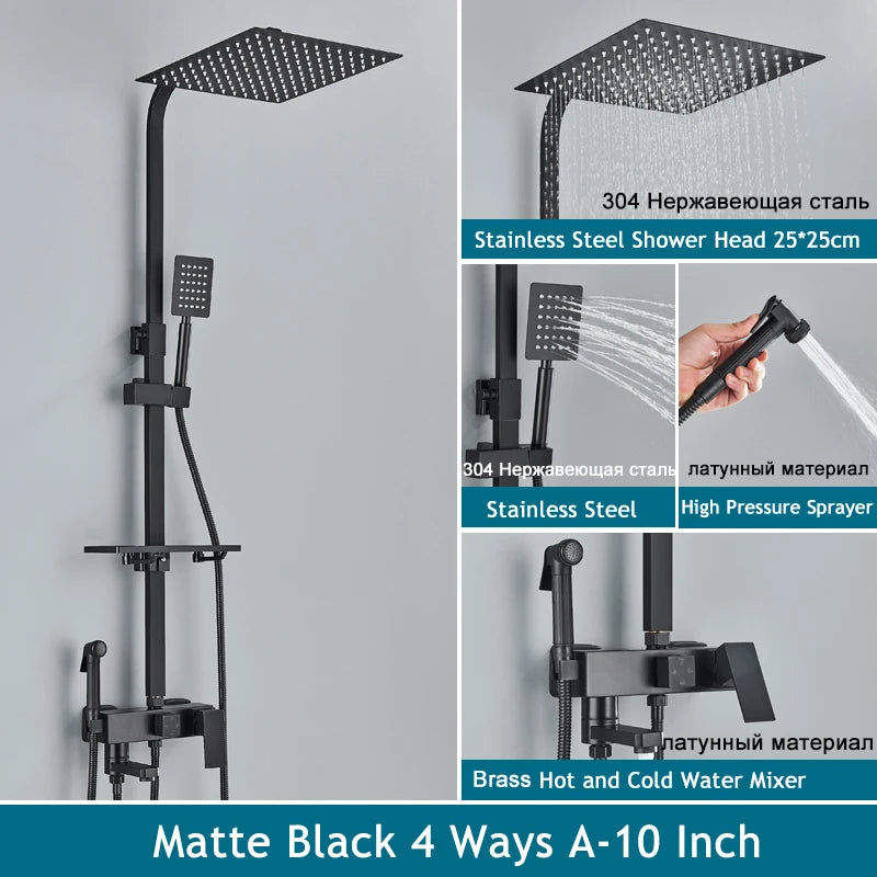 Shinesia Système Douche Pluie Mural – Noir & Chrome, 3 ou 4 Voies, Mitigeur Eau Chaude & Froide | Salle de Bain