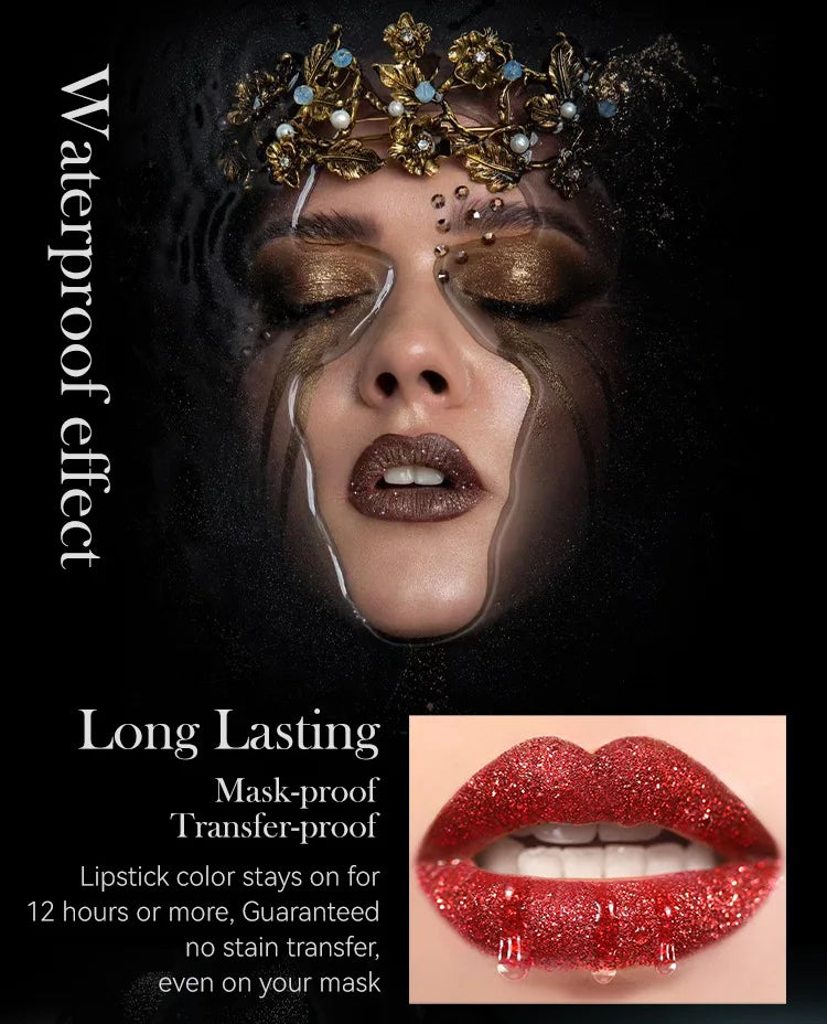 Rouge à Lèvres Glitter 7 Couleurs – Diamond Pearlescent Métallique Waterproof | Lipgloss Noir Femme