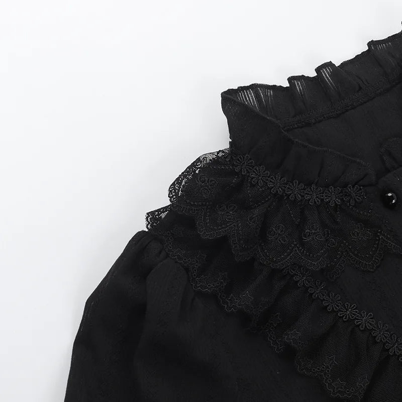 Sweet Lolita Cotton Shirts Women Vintage Gothic Black White Jacquard Short Sleeve Blouses Elegant Office Lady Y2k Tops