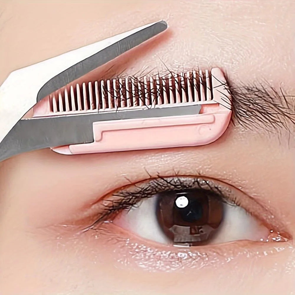 Ciseaux Sourcils Inox avec Peigne Intégré – Taille Précise & Sourcils Parfaits | Rose, Blanc & Noir | Outil Beauté Grooming