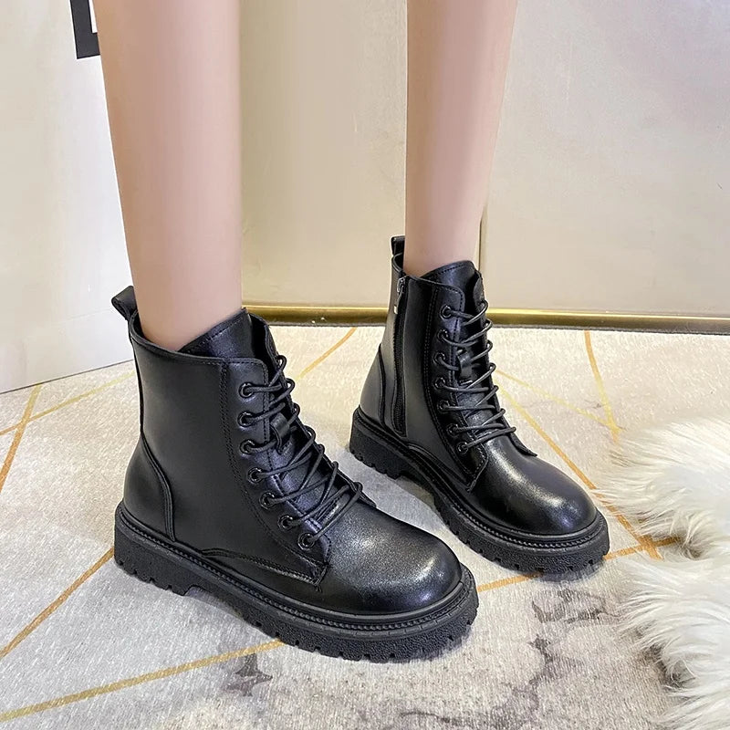 Bottines Talon Carré Zip Cross Belt Femme – Bout Rond Rehaussantes Sexy Printemps Automne
