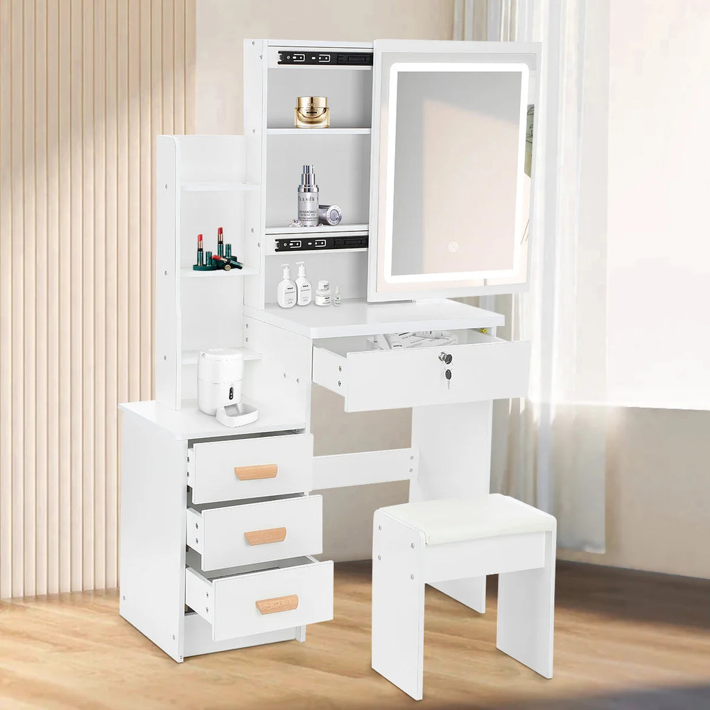 Coiffeuse avec Miroir & Tabouret Blanc – Tiroirs & Étagères Ouvertes | Bureau Maquillage Chambre
