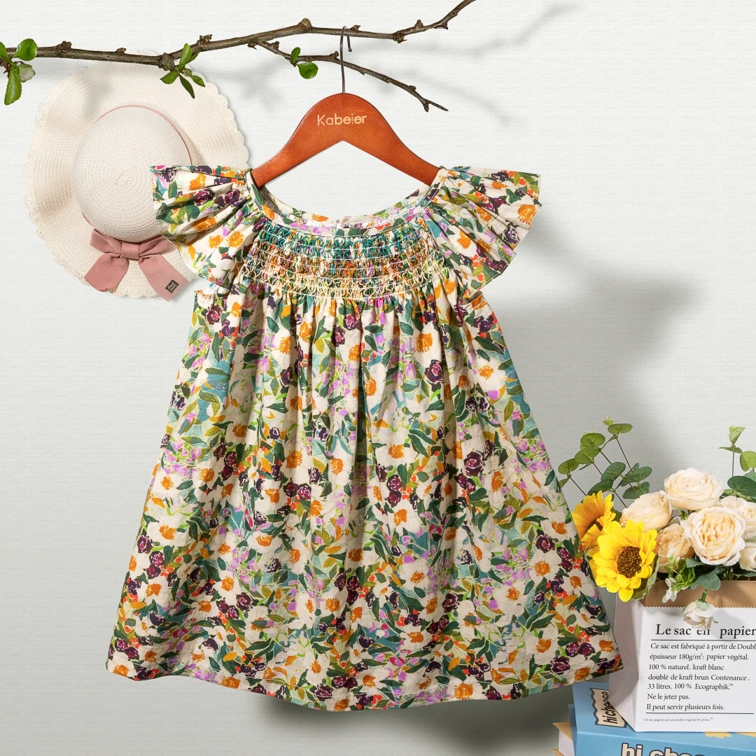 Robe Été Fille Fleurie Smockée Manches Volantes – Tenue Quotidienne Adorable 1-6 Ans