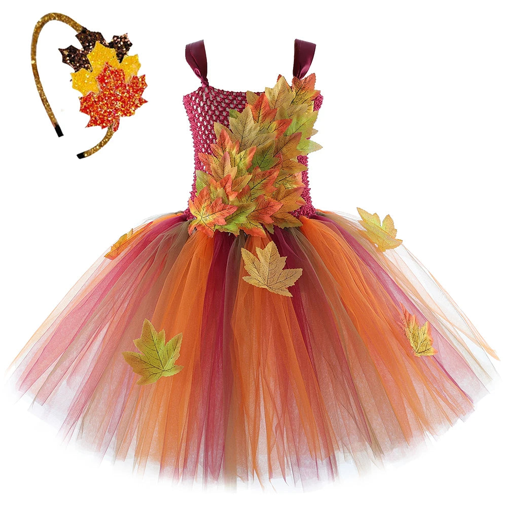Déguisement Fée des Forêts Fille – Robe Elfe Princesse Feuilles d'Automne avec Ailes Halloween Noël