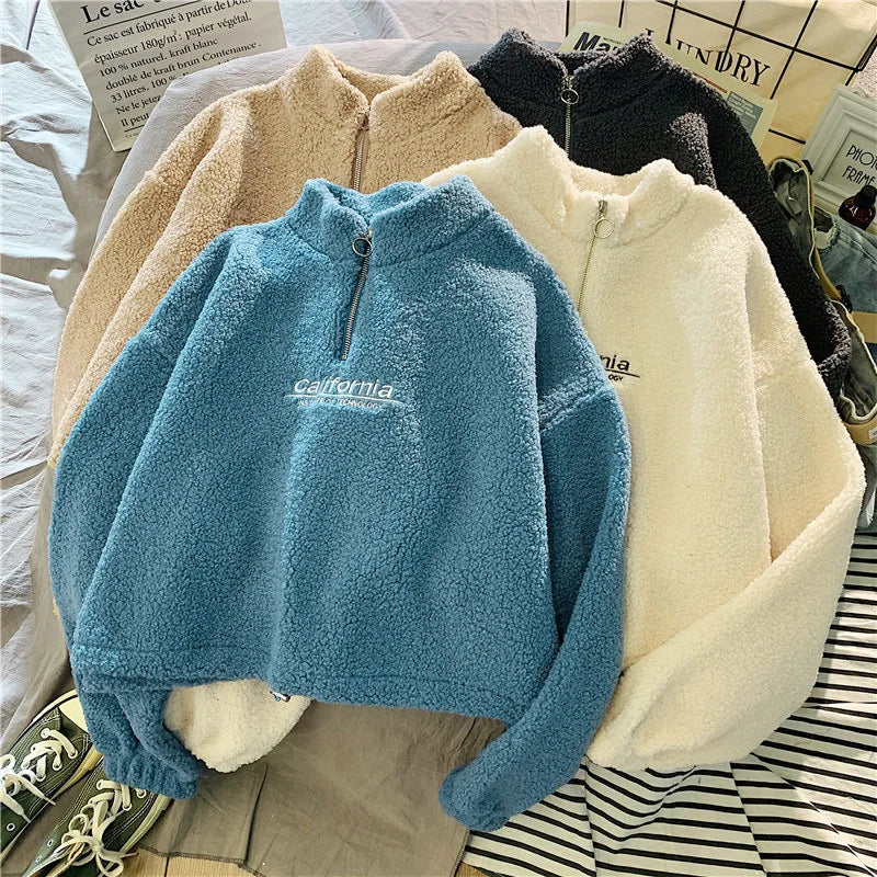 Sweat Court Femme Col Montant Polaire Brodé Cordon Manches Longues Velours Peluche Élégant – Hoodie Crop | Automne