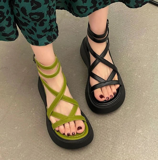 Grüne Römische Sandalen Mittelhoher Absatz Plateau Reißverschluss 2025 – Atmungsaktiv Mode Sommer