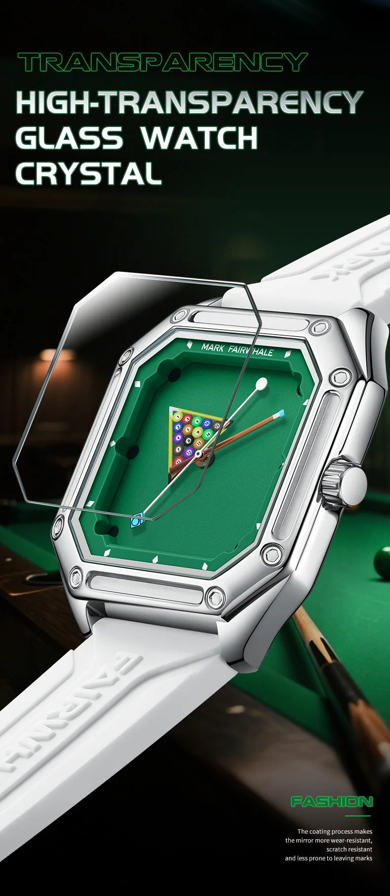 Herrenuhr Mark Fairwhale 5047 Quarz Quadratisch – Leuchtendes Billardzifferblatt Kautschuk Fashion