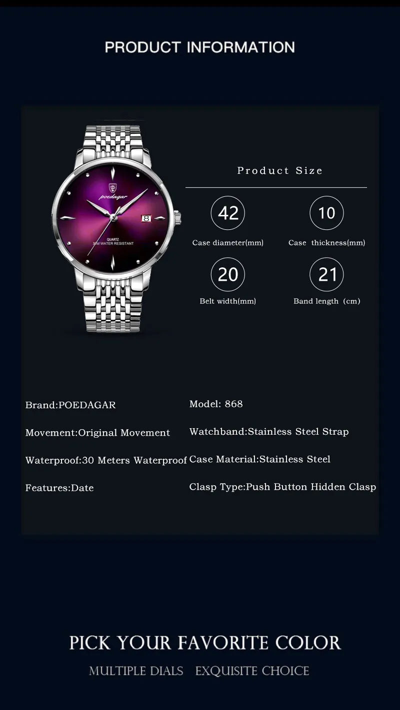 Montre Homme POEDAGAR Luxe Sport Quartz – Acier Lumineux Étanche Date Business