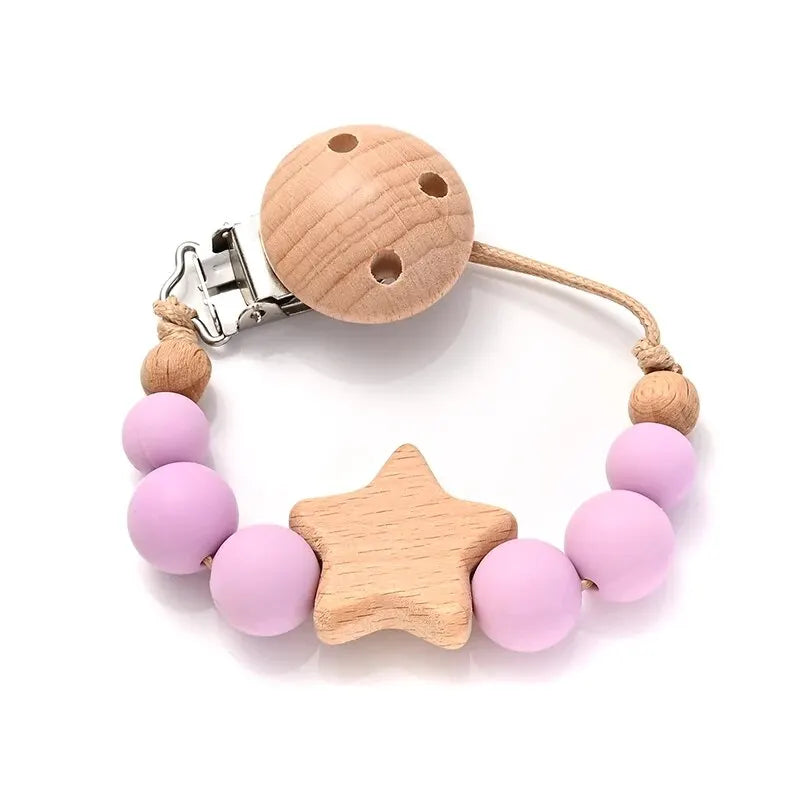 Attache-Tétine Bébé Perles Silicone & Bois Étoile – Chaîne Anneau Dentition Jouet À Mâcher Cadeau Naissance