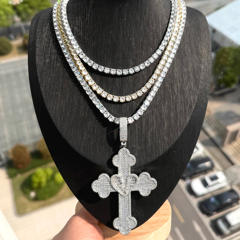 Collier Pendentif Hip Hop Bling 5A CZ Pavé Croix & Cœur Glacé – Chaîne Cuban Link, Tennis & Corde | Bijou Homme Rapper Streetwear Premium