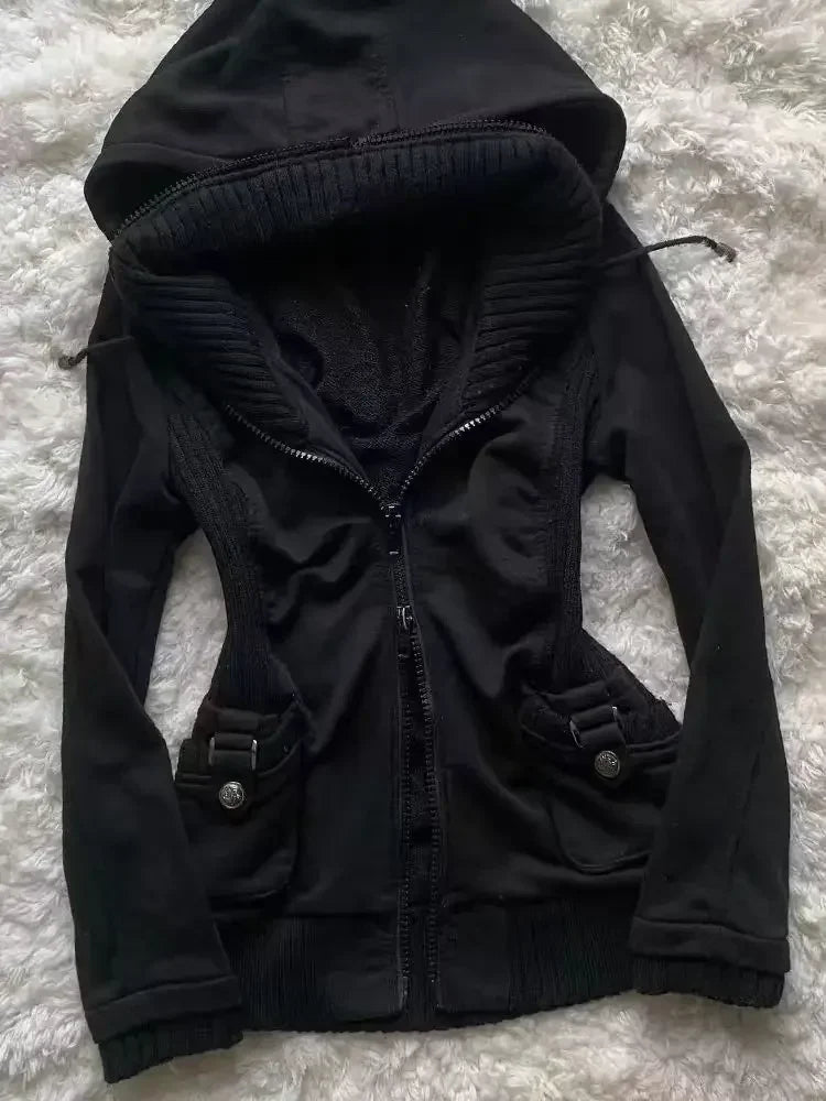 Sweat Femme Gothique Cardigan Plissé Slim – Hoodie Fashion Casual Couleur Unie Hiver Rétro