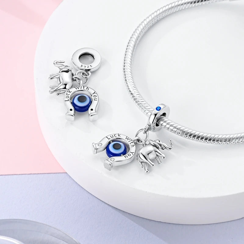 Charm Argent 925 Bleu Rotatif – Œil Démon, Main, Lune & Ciel Étoilé | Perle Pendentif Bracelet Femme | Bijou Spirituel & Mystique