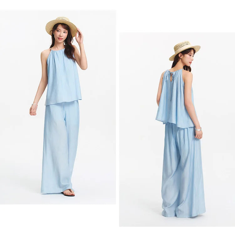 Ensemble 2 Pièces Femme Lin Pantalon Large Nœud Bretelles – Tenue Été Vacances Légère | Semir 2025