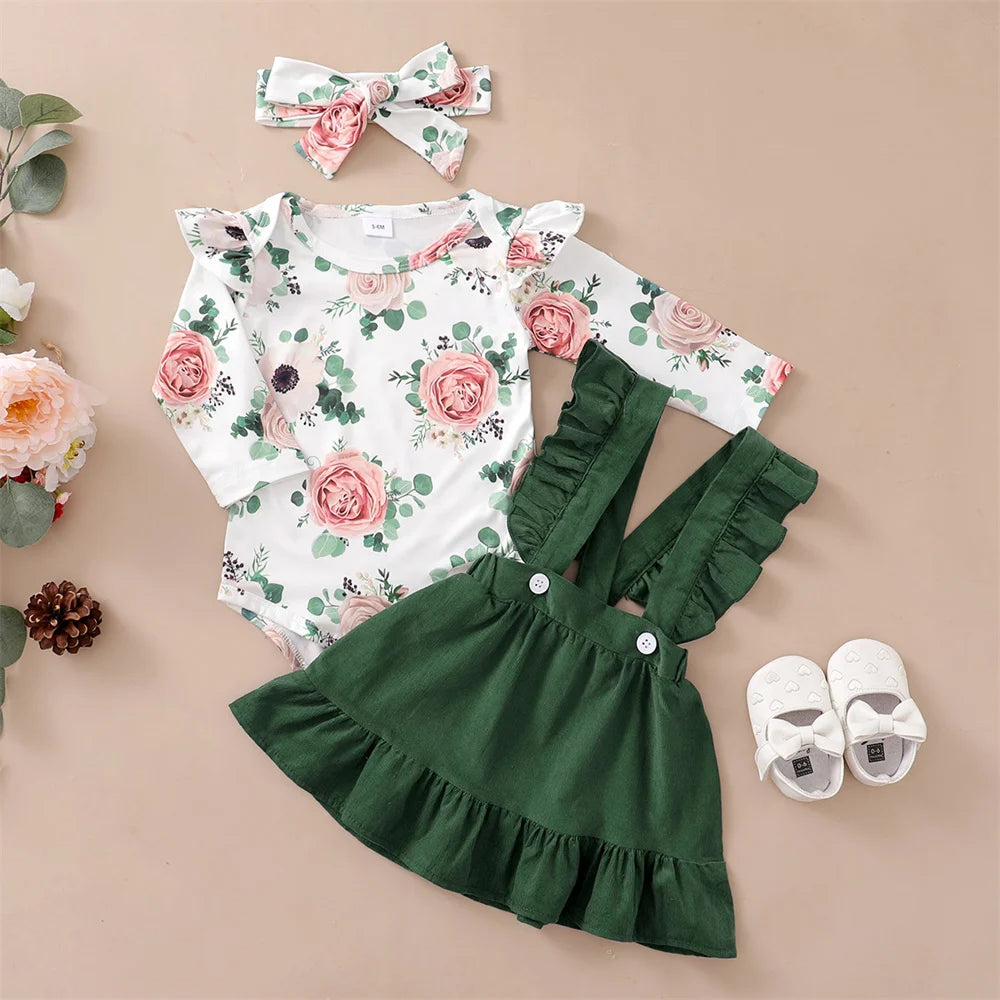 Tenue 3 Pièces Bébé Fille Fleurie – Top Manches Longues + Jupe Bretelles + Bandeau 0-12 Mois