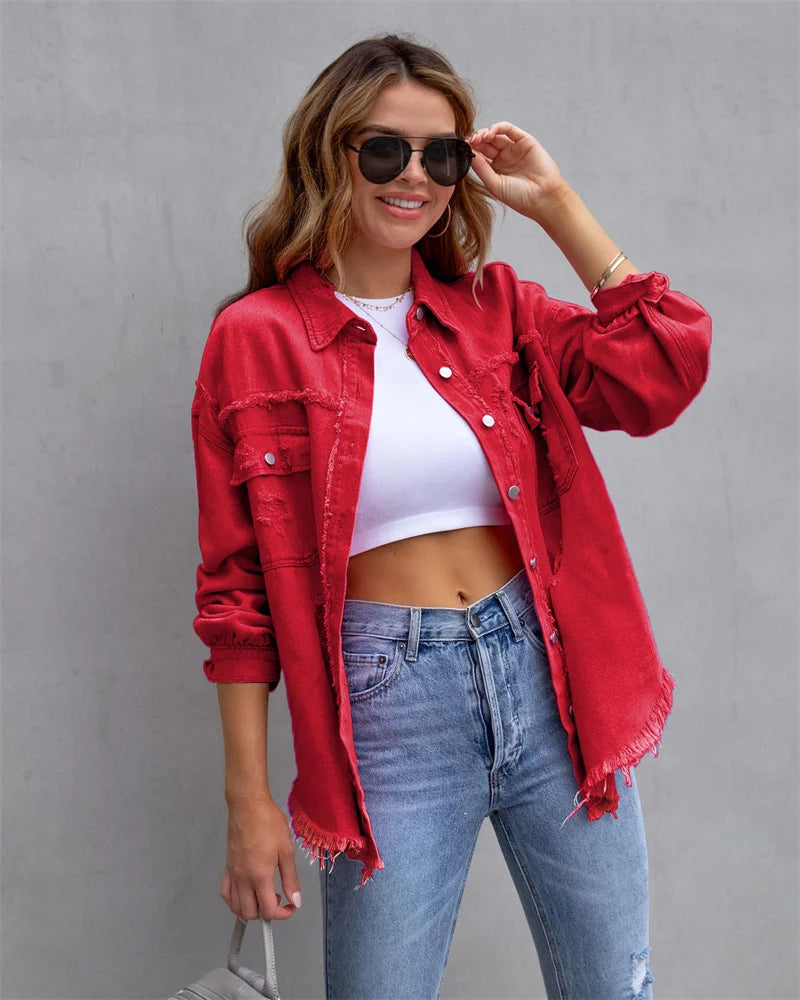 Veste en Jean Femme Bords Bruts Troués – Style Chemise Casual | Printemps Automne Tendance 2025