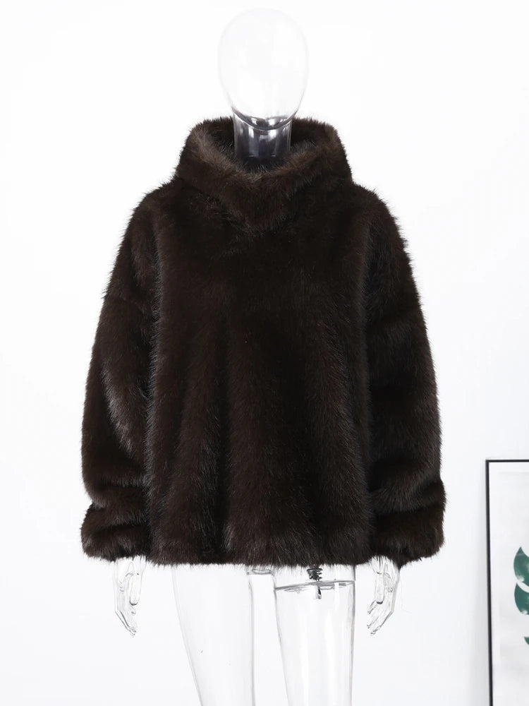 Manteau Fourrure Synthétique à Capuche Femme – Pull Oversize Chaud Marron | Mode Streetwear Automne Hiver