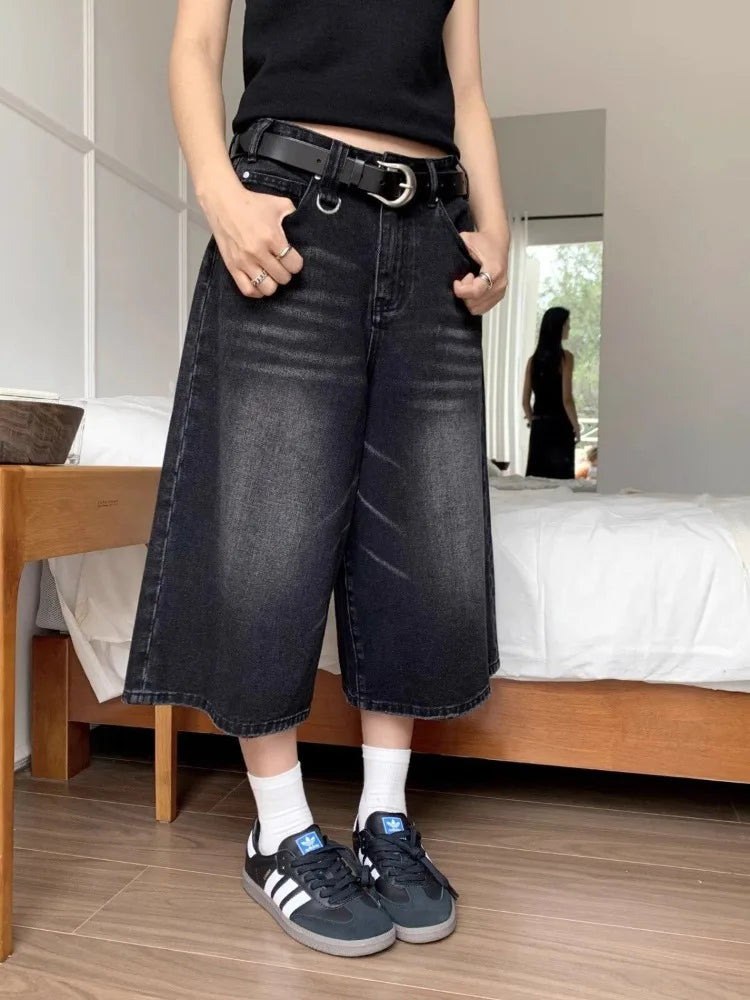 Short Jean Femme Taille Haute Noir Vintage Harajuku Y2K Streetwear – Denim Lavé Loose Casual Mi-Long | Mode