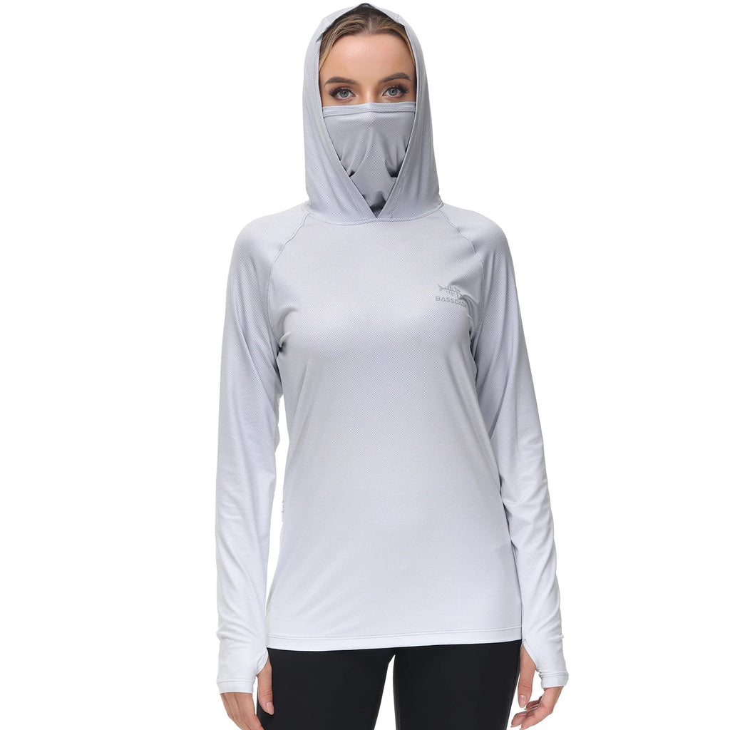 Bassdash Hoodie Anti-UV UPF 50+ Damen – Integrierte Gesichtsbedeckung & Daumenlöcher | Schnelltrocknend & Atmungsaktiv | Angeln, Wandern & Radfahren