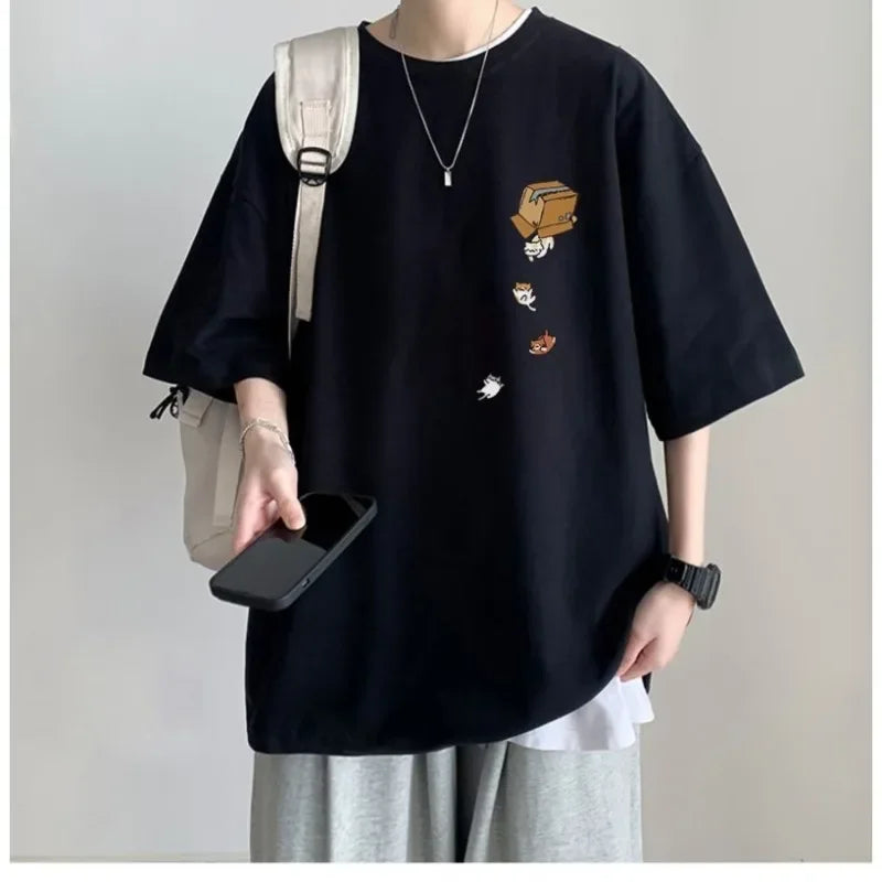 T-Shirt Oversize Unisexe Korean Fashion Imprimé Chaton Cartoon Vintage Américain Manches Courtes Loose Tendance Couple Streetwear Grande Taille M-8XL – Tee Shirt Kawaii Premium | Mode Couple Streetwear Premium