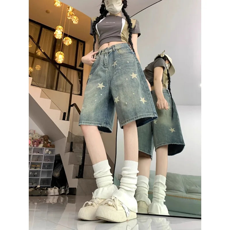 Short Jean Femme Imprimé Floral & Étoiles Style Rétro Américain – Jambe Droite Large Stretch Confortable